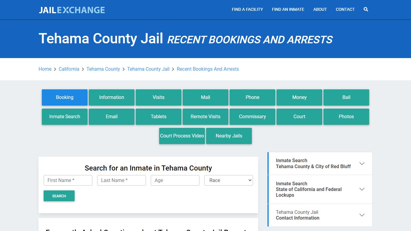 Tehama County Jail Recent Bookings And Arrests - Jail Exchange