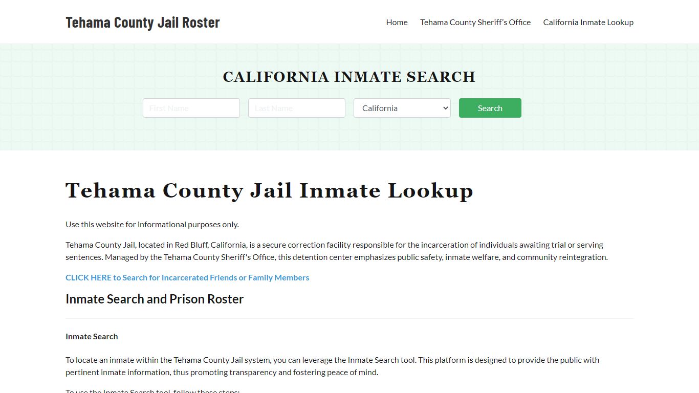 Tehama County Jail Roster Lookup, CA, Inmate Search